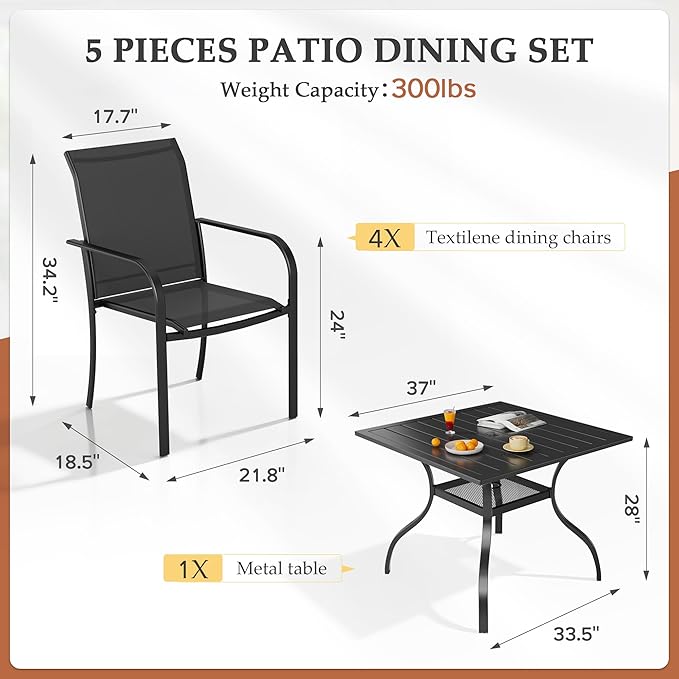 Crownland 5 Piece Patio Dining Set, Outdoor Textilene Dining Sets, 4 Textilene Metal Chairs and Square Outdoor Dining Table with 1.57" Umbrella Hole (Black)