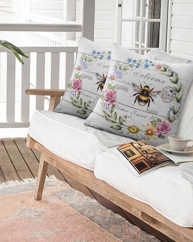 Outdoor Waterproof Throw Pillows Rustic Bee Flower Wreath Patio Pillows,Decorative Pillow Covers with Insert,Pillow Cushion Case for Garden Couch Sofa Farmhouse White Wood Board