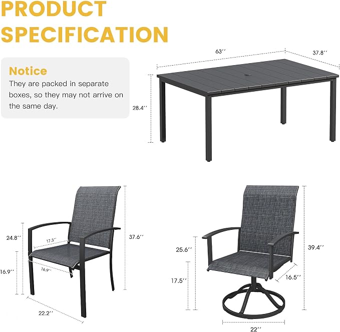 VICLLAX 7 Pieces Patio Dining Set for 6, 63" Rectangle Outdoor Table and Chairs (4 Fixed Chairs and 2 Swivel Chairs) for Deck Garden, Black