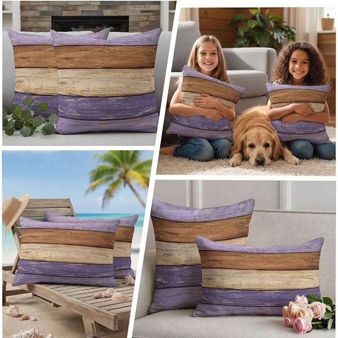 Farmhouse Purple Brown Outdoor Waterproof Pillow Covers, Vintage Wooden Striped Decorative Square Throw Pillowcase Sofa Cushion Sham for Patio/Couch/Chair, 26"x26" 2 Pack