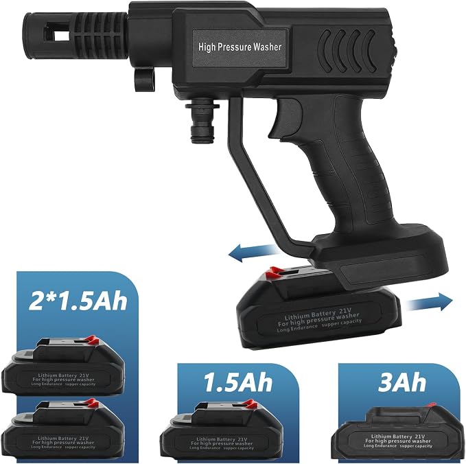 Cordless Pressure Washer, Battery Powered Pressure Washer with 5M Hose, Adjustable Spray Nozzle Portable Power Washer, Cordless Power Washer for Car/Garden/Floor, 2x1.5 Ah Battery