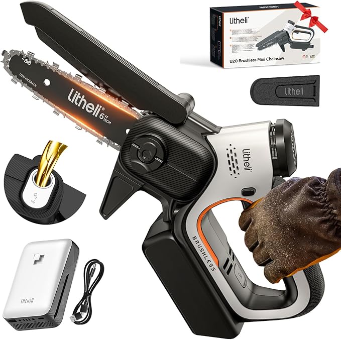 Litheli 20V Mini Chainsaw 6 inch Brushless Handheld Chainsaw Cordless with 2.0Ah Battery & Cable, 450W 24.6ft/s Fast Cut, Auto-Oiling Small Electric Chain Saw for Wood Cutting, Yard, Garden Gift
