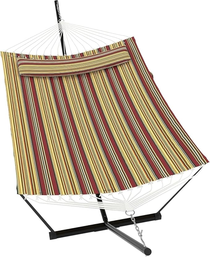 Double Hammock with Stand for 2 Persons, Outdoor Heavy Duty Hammock with Pillow & Balance Rope,450 Lbs Capacity Freestanding Hammock for Patio, Poolside Relaxation, Easy Assembly-Red and yellow stripe