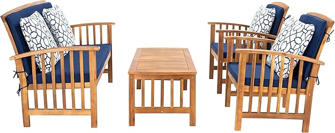 SAFAVIEH Outdoor Collection Rocklin Natural/ Navy Blue Cushions/ Geometric Pattern Pillows 4-Piece Conversation Patio Set