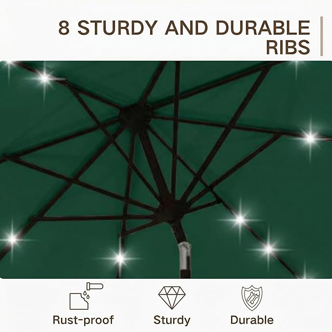 Kingdura 10FT Outdoor Patio Umbrella with Solar Lights, Market Table Umbrella with Push Button Tilt & Crank, 8 Sturdy Ribs, 32 LED Lights, UV Protection for Garden Lawn Deck Backyard Pool (Dark green)