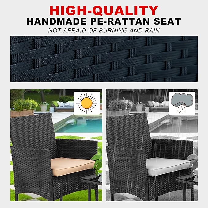 HCY Patio Furniture Set,4 Pieces Outdoor Couch Patio Dining Conversation Set,Rattan Chairs Wicker Sofa with Tempered Glass Table for Porch,Backyard,Lawn,Pool(Black)