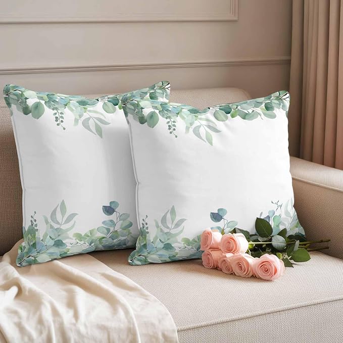 Spring Green Leaf Outdoor Waterproof Throw Pillow Covers Set of 2, 20"x20", Eucalyptus Leaves Watercolor Plants Decorative Pillow Covers Outside Cushion Case for Patio Porch Garden