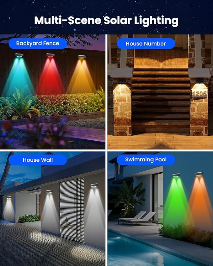 Solar Fence Lights Outdoor Waterproof 8 Pack 60 LM Brighter Dual LED Spot Lens 12 Modes & 9 Colors Deck Lights Solar Powered Wall Lighting Decor for Outside Yard Step Patio Porch Railing Pool