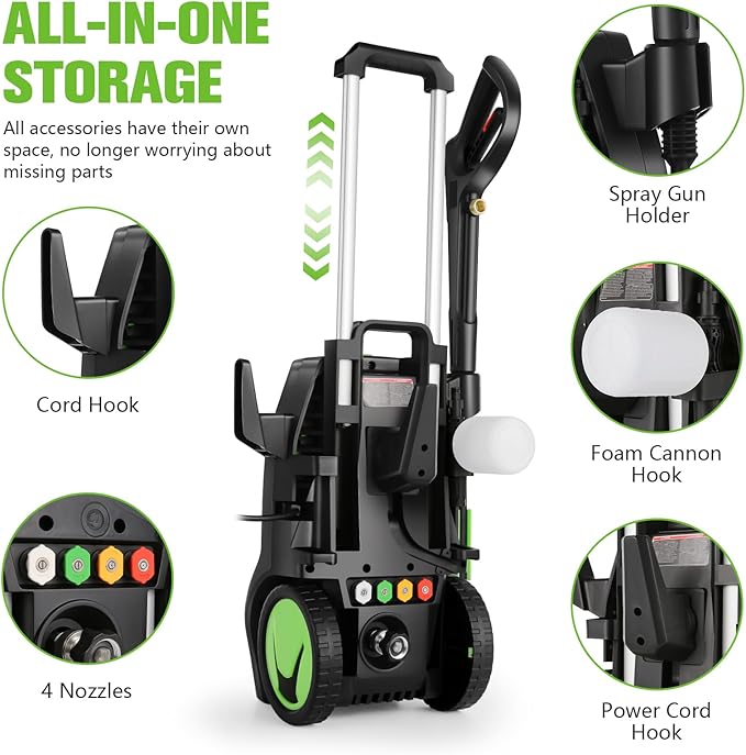 5000PSI 4.0GPM Heavy Duty Electric Pressure Washer with 33 FT Extension Hose, 4 QCNozzles and 500ml Foam Cannon for Cars/Fences/Driveways/Patios/Home Cleaning, Green