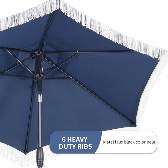 GDY 7.5 ft Tassel Patio Umbrella, Fringe with Umbrella Base - Stylish Beach, Pool, and Yard Umbrella for Ultimate Outdoor Decor, Navy Blue
