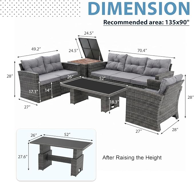 JOIVI 8 Pieces Outdoor Patio Furniture Set with Height-Adjustable Lifting Dining Table, Wicker Sectional Furniture Sofa Set with Storage Box, Patio Conversation Set for Backyard, Deck, Gray