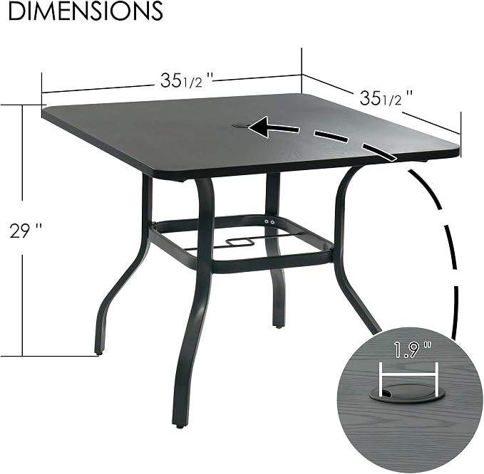 Kozyard 35.4" Square Outdoor Dining Table for 4, Steel Frame with Textured Wood-Grain Tabletop, Patio Table with Umbrella Hole for Backyard, Balcony, Garden Gray