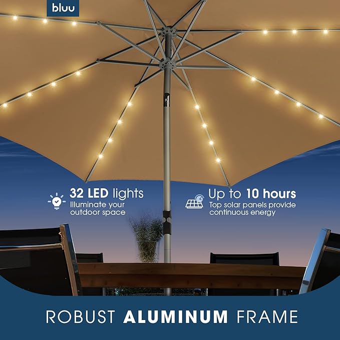 BLUU 9 Ft Patio Umbrella with Solar LED Lights, 5-Year Fade-Resistant Aluminum Outdoor Table Umbrella with Tilt Adjustment and Crank for Pool, Deck, Garden and Lawn, Beige