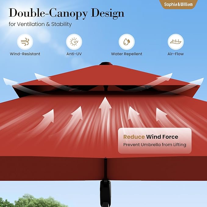 Sophia & William 12ft Cantilever Patio Umbrella with Base, Large Rectangular Umbrellas with 360-degree Rotation, Aluminum Pole for Garden Pool Backyard, Red
