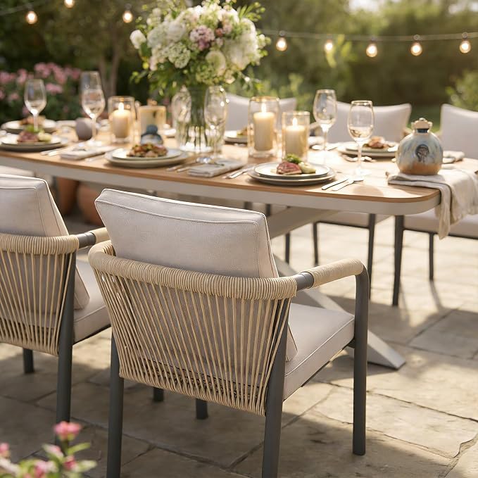 SUNSITT 7 Piece Outdoor Patio Dining Set, Patio Dining Furniture Set with 87” Aluminum Dining Table w/X Base Legs and 6 Woven Wicker Patio Chairs w/Curved Backrest for Garden, Flaxen