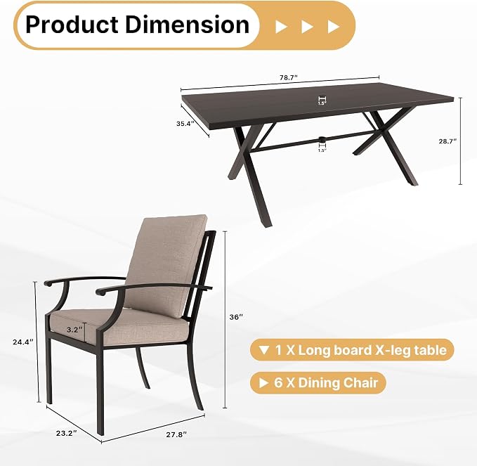 Gotland 7 Piece Outdoor Dining Set, Metal Outdoor Table and Chairs with X-Shaped Legs 1.5" Umbrella Hole, Patio Furniture Set with Waterproof Cushions, Patio Dining Sets for Backyard Deck Khaki