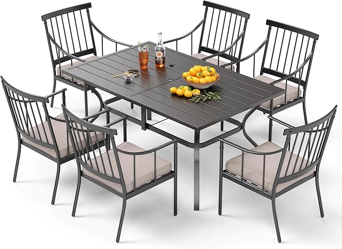 PHI VILLA 7 Piece Patio Dining Set, Rectangular Metal Table | Metal chairs, Fixed Chair, 1.57" umbrella hole, Cushions, powder-coated, 300 lb chair capacity, for Patio, Deck, Yard