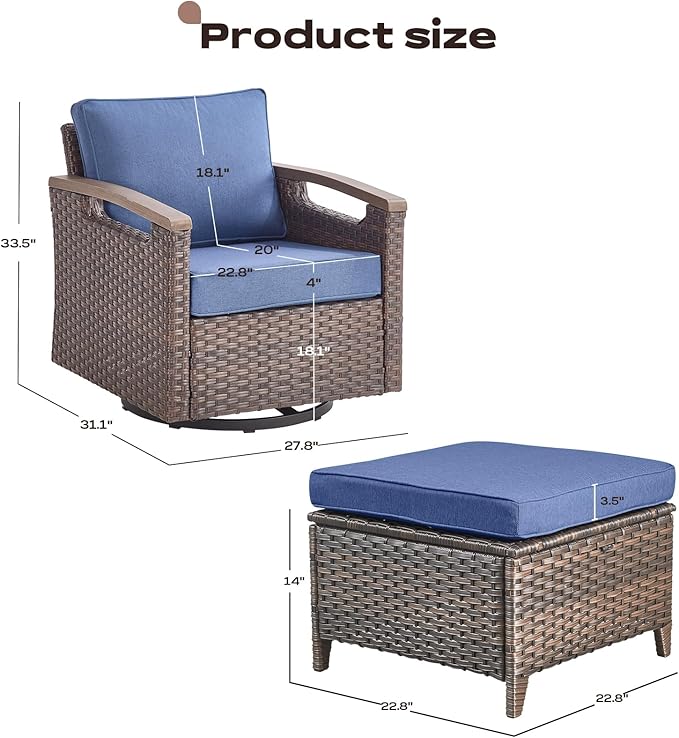 Rilyson Wicker Outdoor Patio Furniture Set - 4 Piece Patio Conversation Set with Swivel Rocker Chairs and Ottomans, Thick Cushions, High Back, Deep Seating, for Porch Deck Garden Brown/Blue