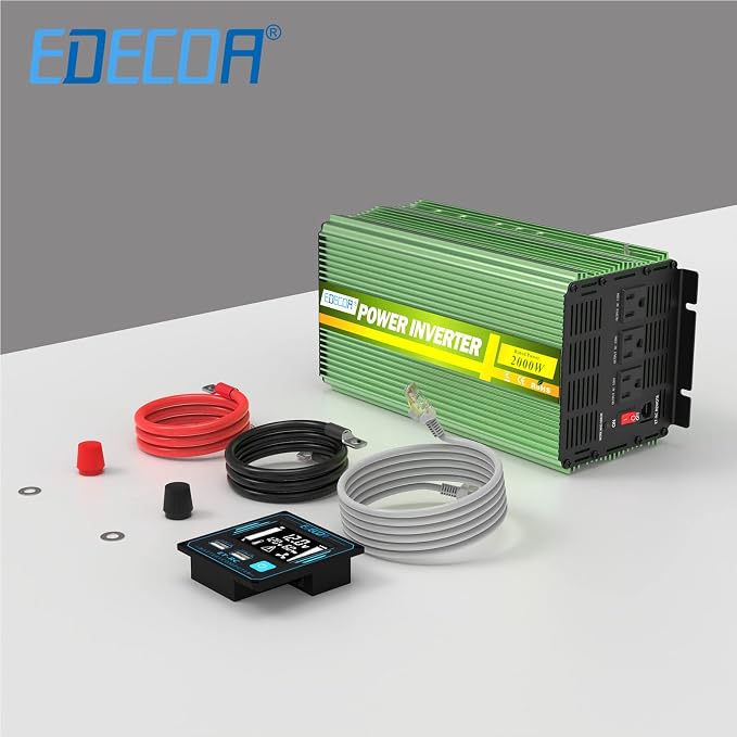 EDECOA 2000 Watt Power Inverter, DC 12V to AC 110V 120V 2000W Converter with LCD Display and Remote Controller Dual USB (with ET-RC Remote)