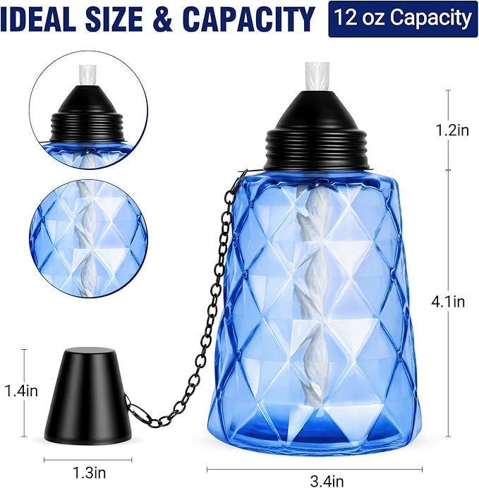 4-Pack Glass Tabletop Torches Outdoor, 12 oz Citronella Torches Canisters with Wick & Cap, for Patio, Backyard, Garden, Parties, Outside Deck (Blue)