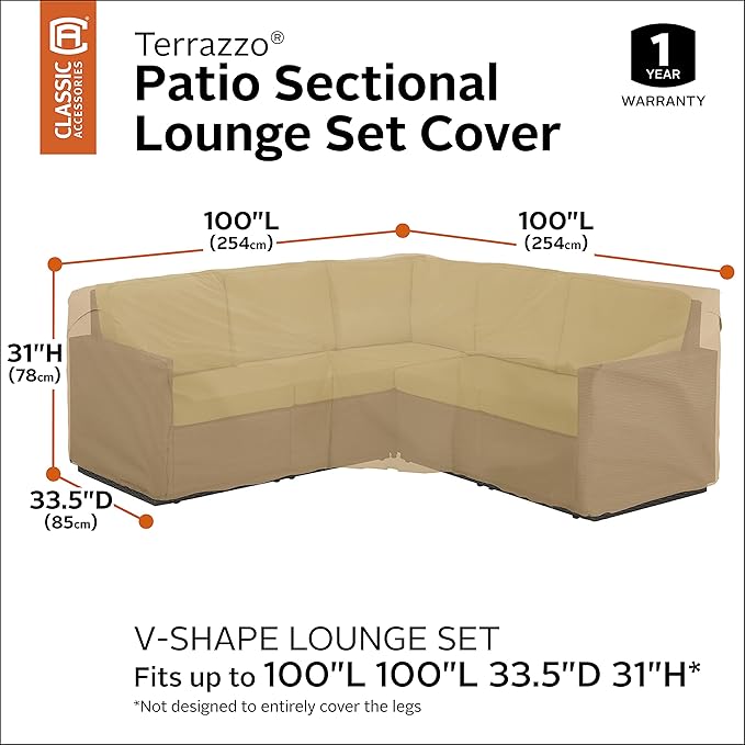 Classic Accessories Terrazzo Water-Resistant 100 Inch Patio V-Shaped Sectional Lounge Set Cover, Patio Furniture Covers