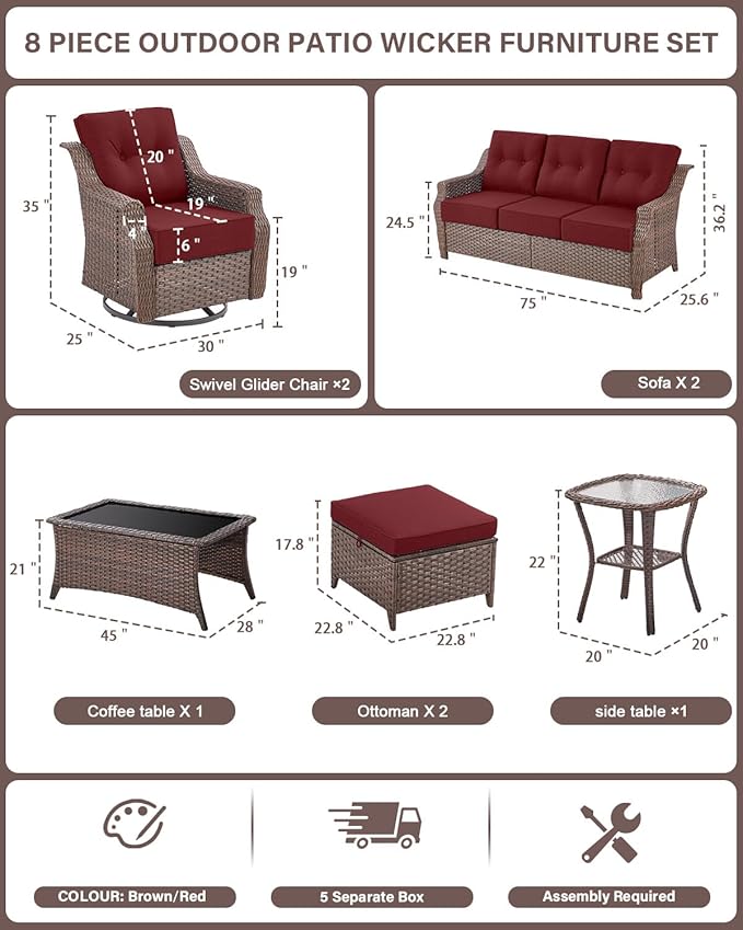 Belord High Back Wicker Outdoor Furniture - 8-Piece Patio Conversation Set with Swivel Rocker Glider Patio Chairs Set of 2 and Rattan Couch, Coffee Table and Ottoman for Lawn Backyard Porch Garden