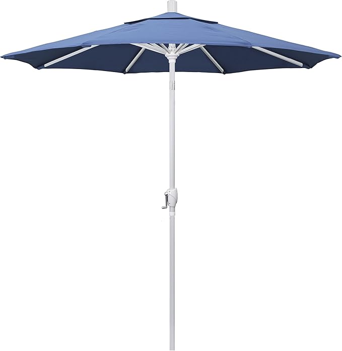 California Umbrella 7.5' Round Aluminum Market Umbrella, Crank Lift, Push Button Tilt, White Pole, Frost Blue Olefin
