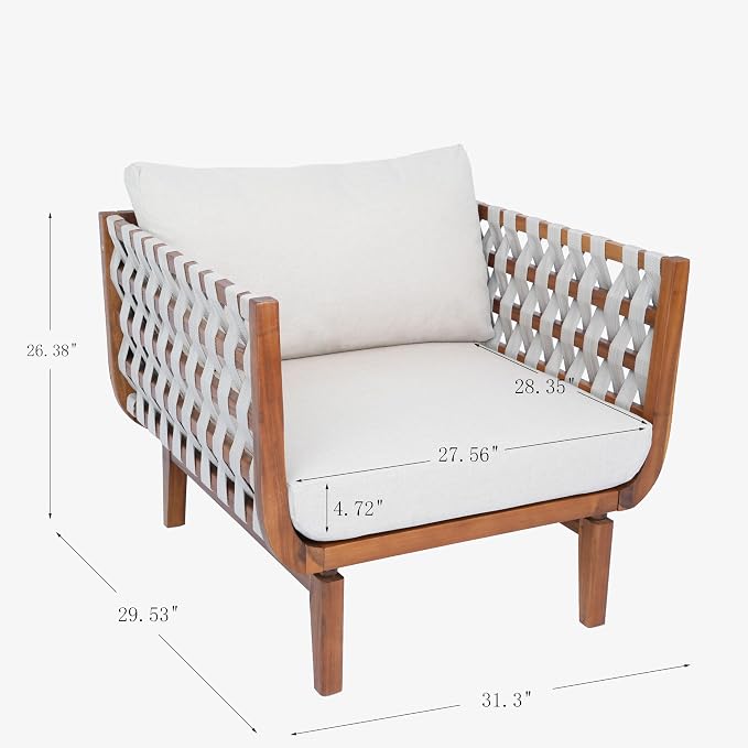 Merax Outdoor Acacia Wood Armchair wtih Cushions Set of 2, Teak+ Beige | Patio Sofa Chair with Hand-Woven Rope, Sturdy Base for Porch, Lawn, Backyard, Balcony, Easy Assemble,
