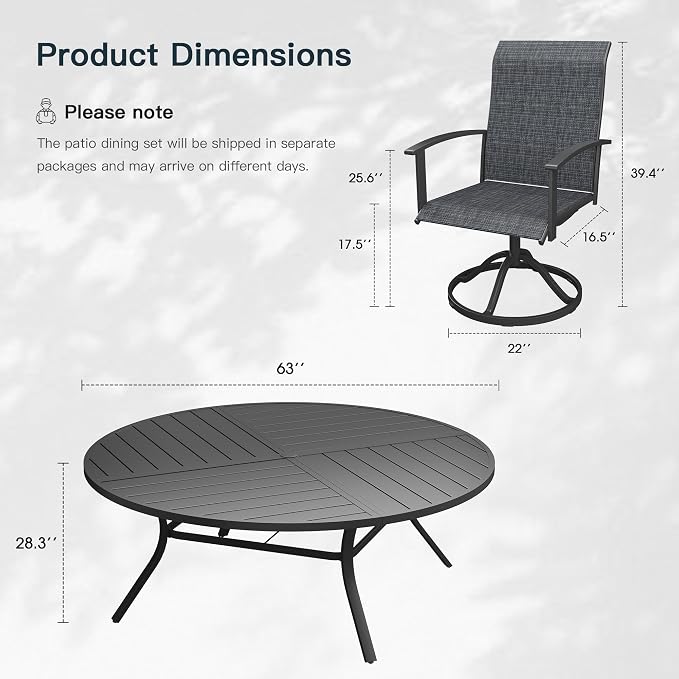 VICLLAX 9 Pieces Patio Outdoor Dining Set, 8 Swivel Textilene Chairs and 63" Round Metal Table with Umbrella Hole for Porch, Deck, Garden, Black