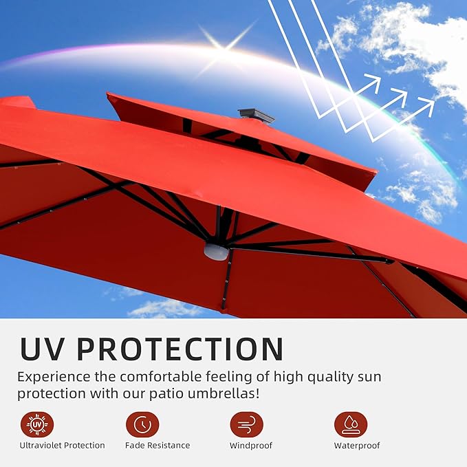 JZAC & QZYD 9x9 FT Outdoor Cantilever Patio Umbrella with Solar LED Lights, Large Heavy Duty 2-Tier Canopy Square Aluminum Offset Umbrellas with 360-Degree Rotation for Pool Deck Backyard, Red