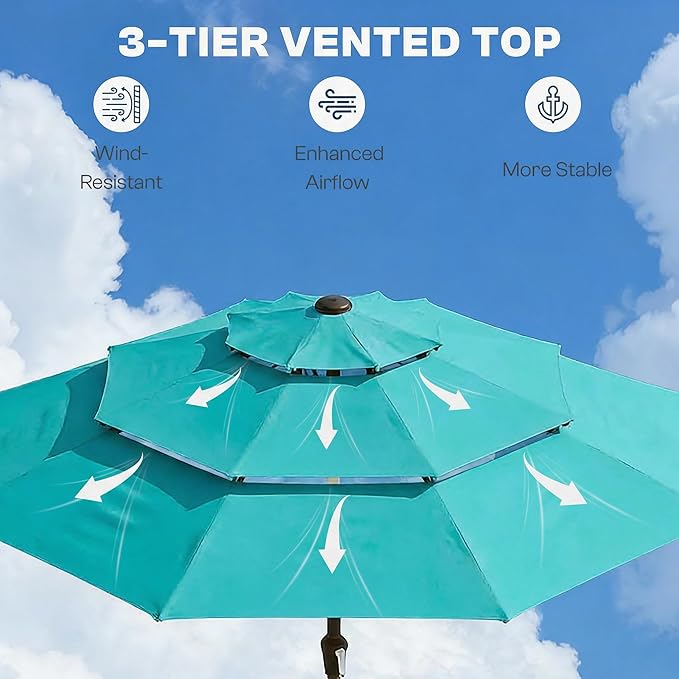 10ft 3 Tier Patio Umbrella, Outdoor Market Table Umbrella with UPF 50+ Vented Canopy, 8 Sturdy Ribs, Easy Push Button Tilt and Crank, Windproof for Deck, Pool, Backyard and Garden