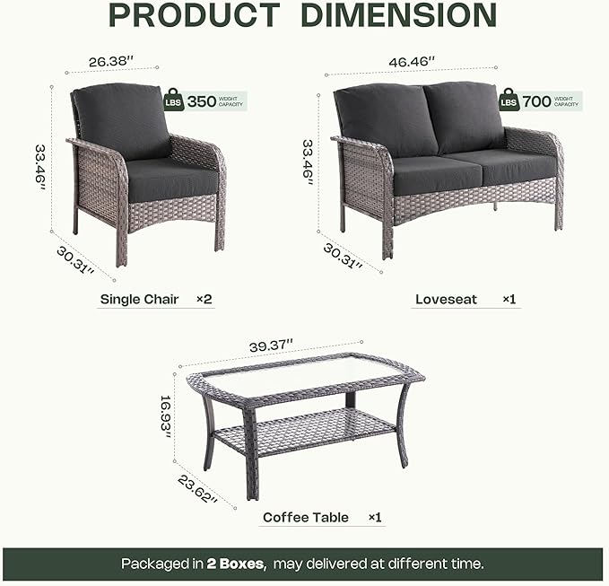 4-Piece Patio Furniture Set, Outdoor Wicker Furniture with Coffee Table, All Weather High Back Loveseat Patio Chairs, Modern Rattan Outdoor Chairs Conversation Set for Porch, Balcony, Garden,Black