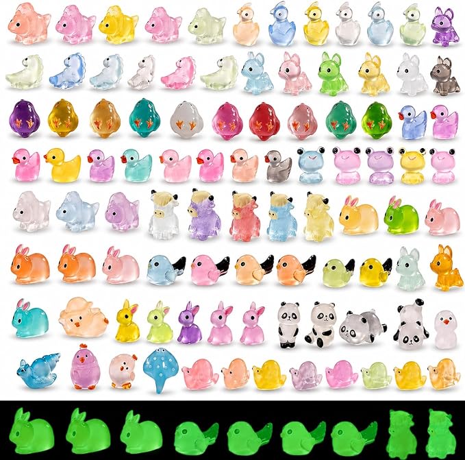 110 Pack Mini Animals Tiny Animal Figurines Bulk for Miniature Glow in Night Dollhouse Decor Accessories Garden Aquarium Potted Ornament Party DIY Charms Office Classroom Activity to Hide