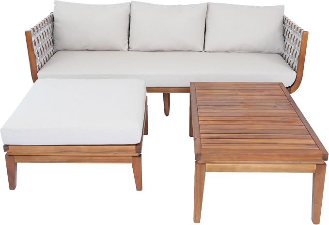 Merax 3 Piece Outdoor Patio Furniture Set,All-Weather Acacia Wood Sectional Sofa with Ottoman,1 Coffee Table for Porch, Lawn, Backyard, Balcon,Beige Rope & Water-Repellent Fabric Cushions,Teak+ Beige