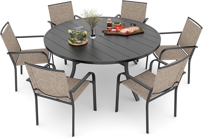 Anmutig Outdoor 54" Round Patio Table and Chairs Dining Set for 6 Person, Stackable Chairs with Beige Textilene, Armrest