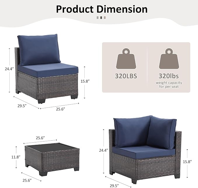 ANJ 7 Piece Outdoor Wicker Patio Furniture Set, Modular Loveseat Sofa with with Glass Top Coffee Table, All-Weather Rattan Conversation Couch Set for Balcony, Backyard, Dark Brown Wicker-Blue