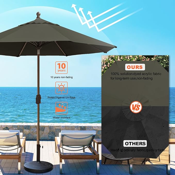 Eurmax USA 10-Year-Non-Fading 10FT Outdoor Patio Market Umbrella,UPF50+ UV Resistant Sun Shade,Heavy Duty Commercial Grade,Crank Lift&Tilt,Windproof Vented Top for Garden,Pool,Deck,Charcoal