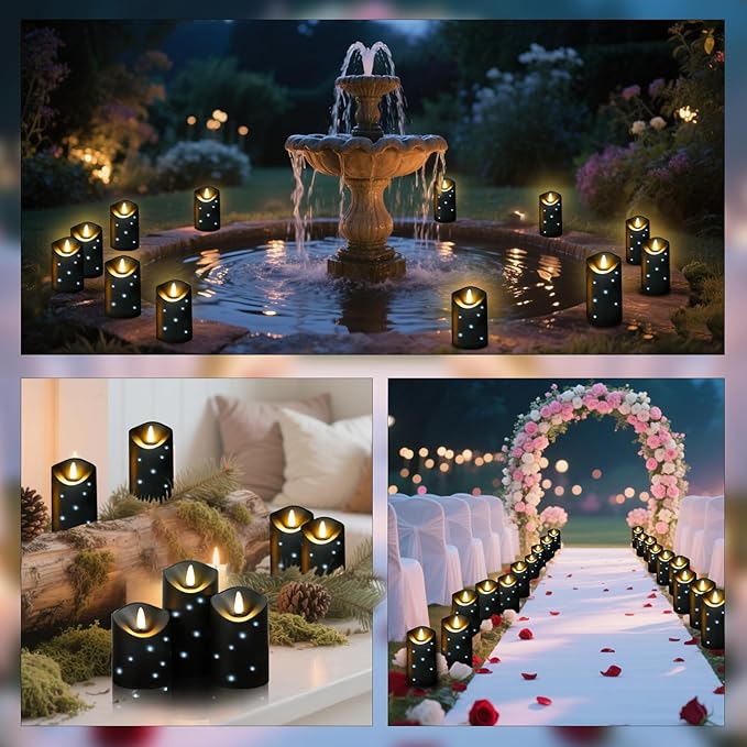 kakoya Outdoor Waterproof Flickering Flameless Candles with Embedded Star String,3Pcs LED Pillar Candles Battery Operated with Remote and Timers for Courtyard,Porch,Camping,Holiday Decoration(Black)