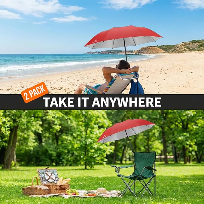 2 Pack Beach Umbrella with Clamp Sun Shade,Adjustable Umbrellas with Clip,UPF50+ Sunshade for Beach Chair,Stroller,Fishing,Camping,Patio,Wheelchair,Golf Carts,Red