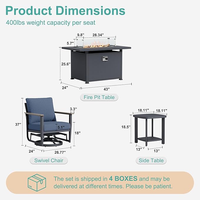 7Pcs Aluminum Patio Rocking Swivel Chair with 55,000 BTU Fire Pit Table Outdoor Bistro Set with Coffee Table, Patio Furniture Set with High Backrest & Thickened Cushions, Navy Blue