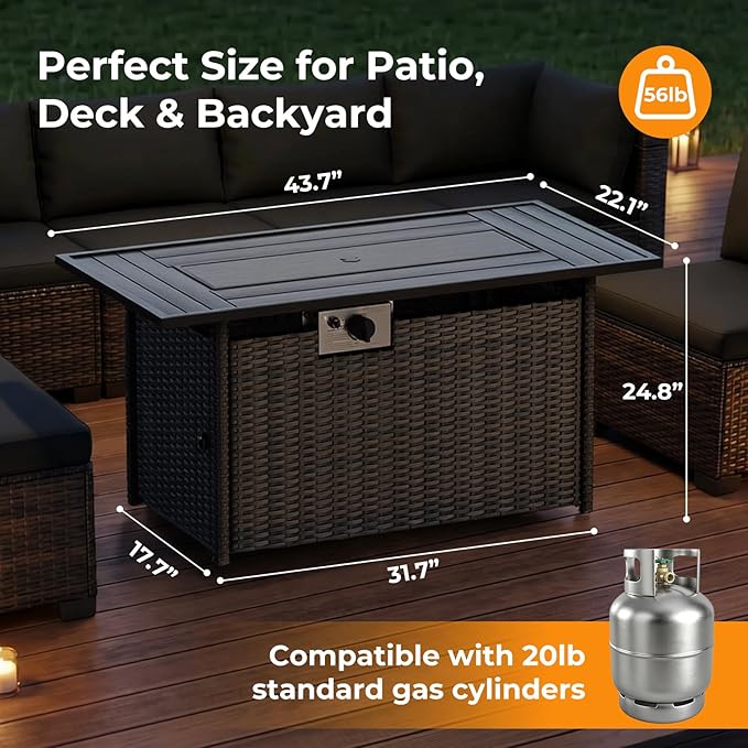 CHABATREE 8-Piece Wicker Patio Conversation Set with 44" Propane Fire Pit Table, Cozy Outdoor Sectional Sofa for Backyard Gatherings, Poolside Lounging & Garden Parties