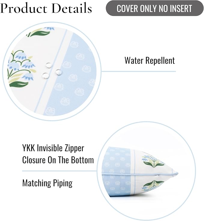 Hofdeco Premium Grandmillennial Coastal Hampton Patio Indoor Outdoor Throw Pillow Cover Only, 20"x20" Water Repellent for Backyard, Couch, Poolside, Blue Green Print Block Striped Lily of the Valley