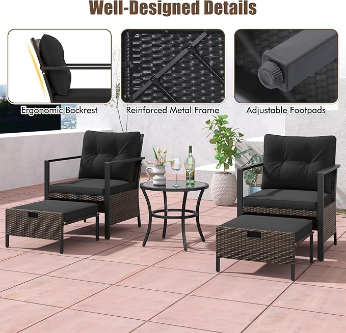 Tangkula 5 Piece Outdoor Furniture Set, Rattan Chairs & Ottomans w/Round Glass Topped Coffee Table, Space Saving Cushioned Patio Conversation Set for Backyard, Poolside (Black)