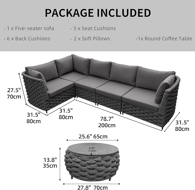 TWT 6-Piece Modular Outdoor Sectional Sofa Set, 5-Seater Woven Rope Patio Conversation Set with Coffee Table, Water-Resistant Cushions, for Backyard Balcony Deck,Dark Gray
