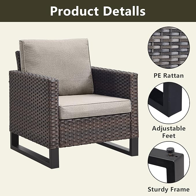 Rilyson Wicker Outdoor Patio Furniture Set - 5 Piece Patio Conversation Set with 2 Wicker Armrest Chairs,2 Rattan Ottoman and 1 Metal Side Table for Outside Porch Deck Backyard Garden(Brown/Grey)