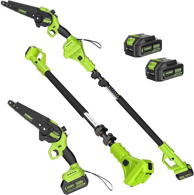 WORKIT 2-In-1 Electric Pole Saws for Tree Trimming, 6 Inch Mini Chainsaw Cordless with 2×4.0Ah Batteries, 14Ft Tree Trimmer Pole Saw, Electric Chainsaw with Auto Oiler, Tool-Free Tension