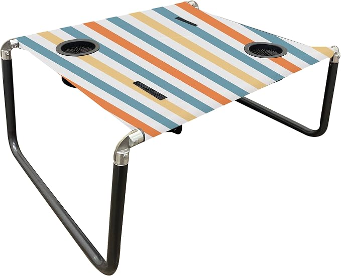 Neso Beach Table - Lightweight, Portable and Foldable Table for Beach, Camping and Outdoor Adventures - Stable Surface - with Cup Holder for Drinks and Phone Pockets - Vintage Stripes