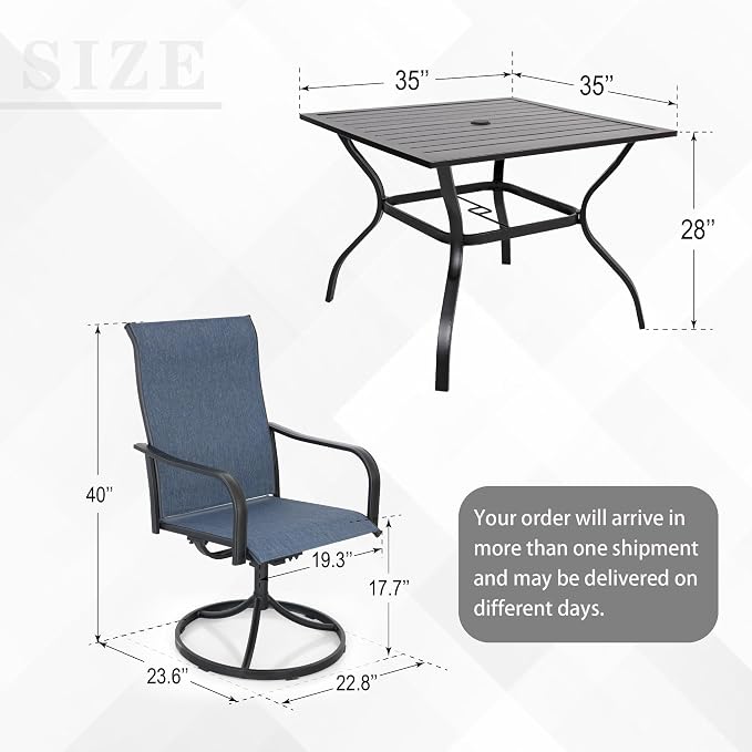 Anmutig 5-Piece Outdoor Dining Set, 35" Square Table with 4 Swivel Chairs, All Weather Frame Furniture Set, Blue