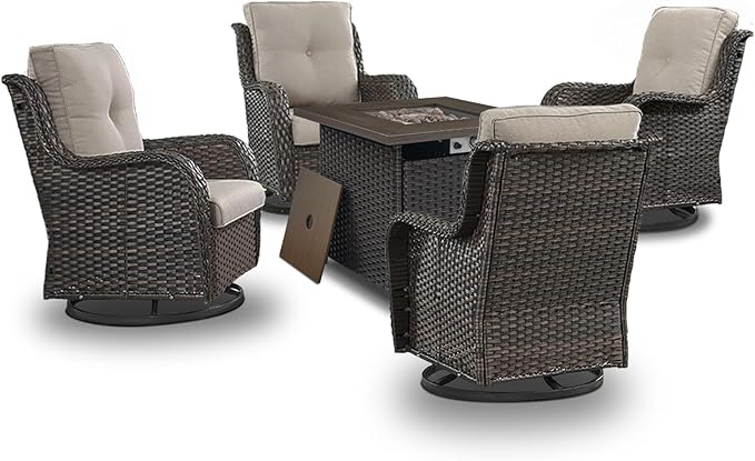 Wicker Patio Furniture Set- 4 Pieces Outdoor Swivel Rocker Chairs with 50,000 BTU Fire Pit Table,PE Rattan Outdoor Conversation Set for Garden Porch Deck