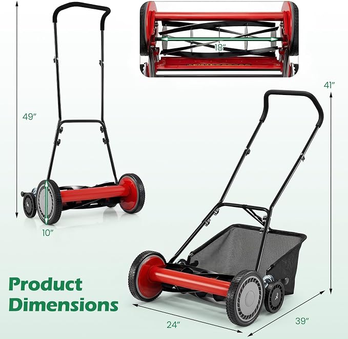 Push Reel Lawn Mower, Cordless 18" Manganese Steel Manual Grass Cutter with 5-Blade, Removable Grass Catcher, 9 Cutting Heights, Walk-Behind Lawn Mower for Garden Farm Yard (Red)